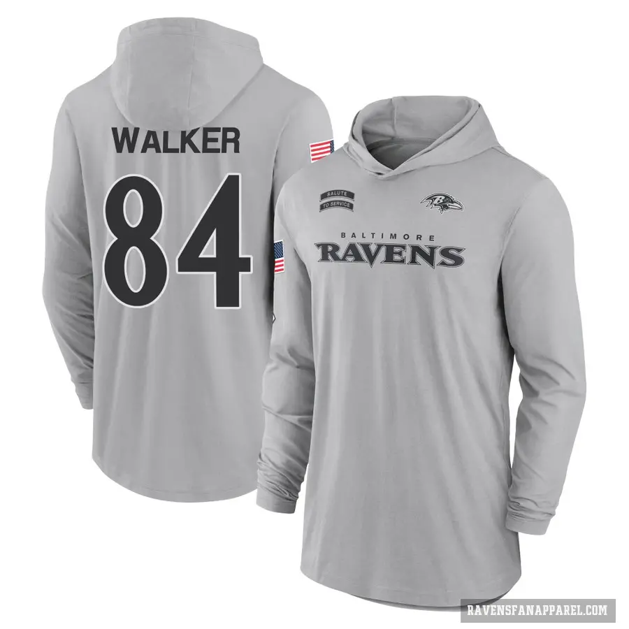 Men's ＃84 Brian Walker Baltimore Ravens Gray 2024 Salute to Service Lightweight Performance Long Sleeve Hooded T-Shirt