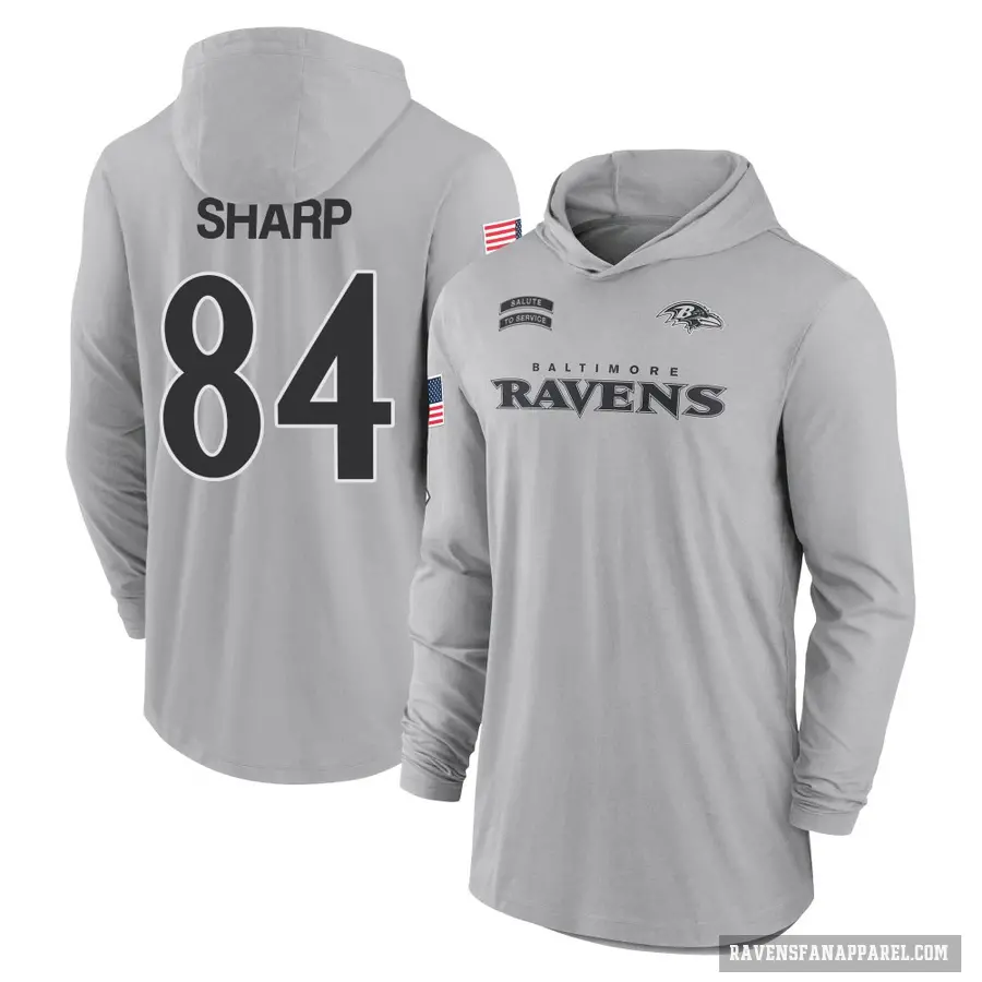 Men's ＃84 Riley Sharp Baltimore Ravens Gray 2024 Salute to Service Lightweight Performance Long Sleeve Hooded T-Shirt