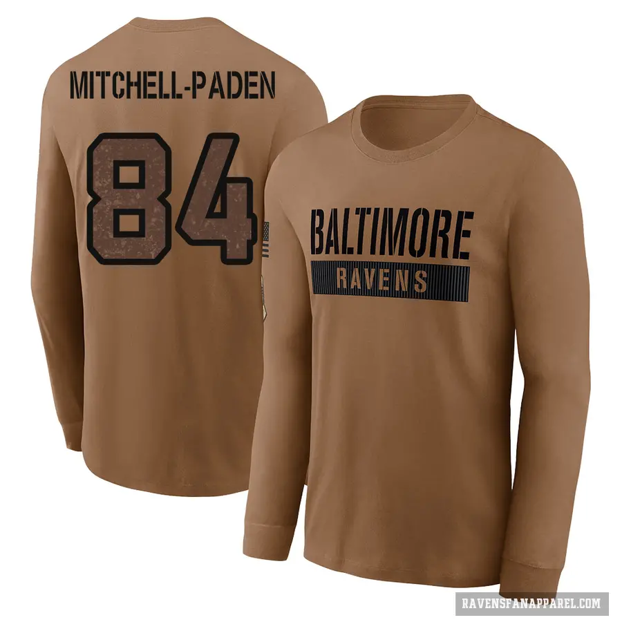 Men's ＃84 Zaire Mitchell-Paden Baltimore Ravens Brown / 2023 Salute To Service Long Sleeve T-Shirt