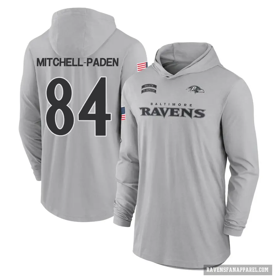 Men's ＃84 Zaire Mitchell-Paden Baltimore Ravens Gray 2024 Salute to Service Lightweight Performance Long Sleeve Hooded T-Shirt