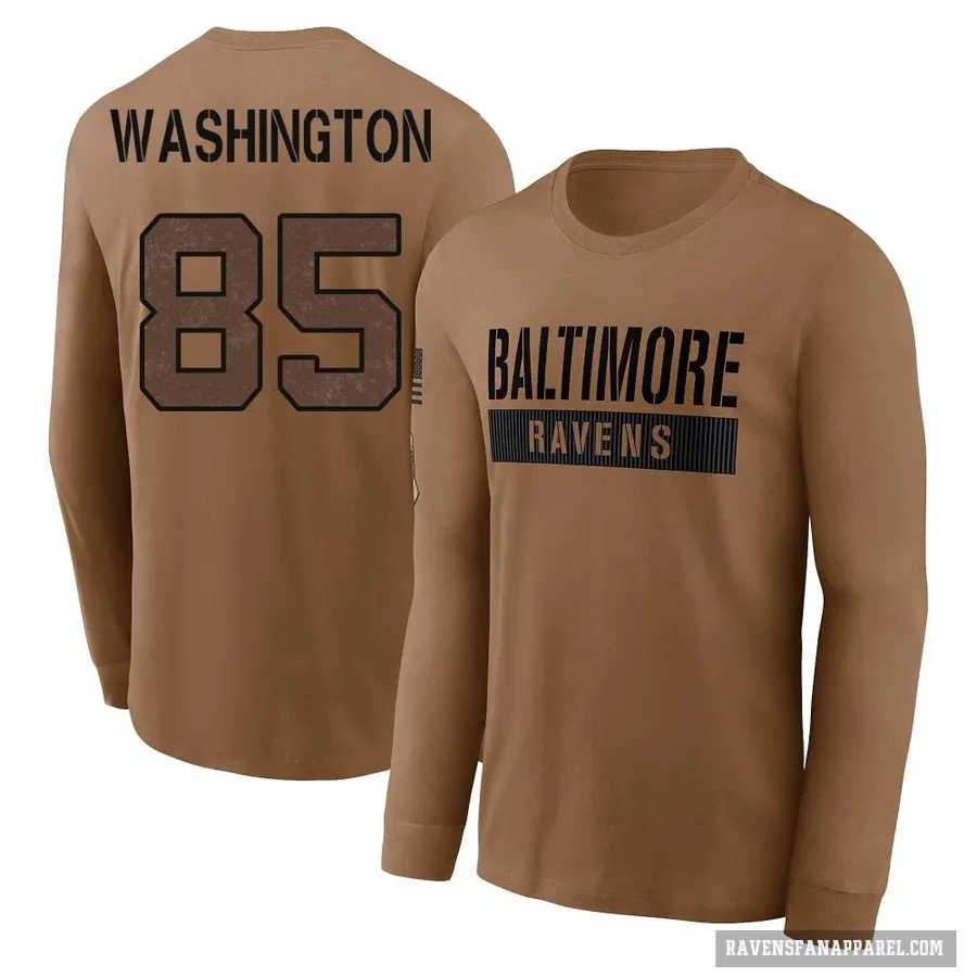 Men's ＃85 Scotty Washington Baltimore Ravens Brown / 2023 Salute To Service Long Sleeve T-Shirt