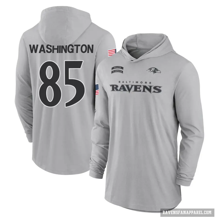 Men's ＃85 Scotty Washington Baltimore Ravens Gray 2024 Salute to Service Lightweight Performance Long Sleeve Hooded T-Shirt