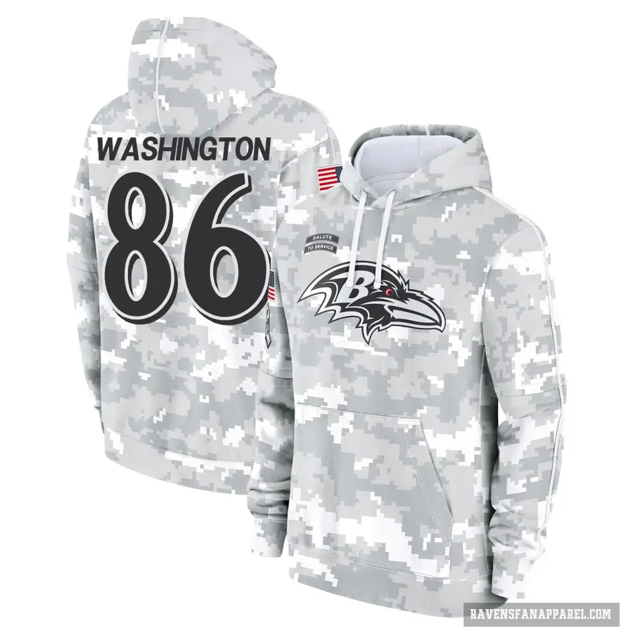 Men's ＃86 Isaiah Washington Baltimore Ravens Arctic Camo 2024 Salute to Service Club Fleece Pullover Hoodie