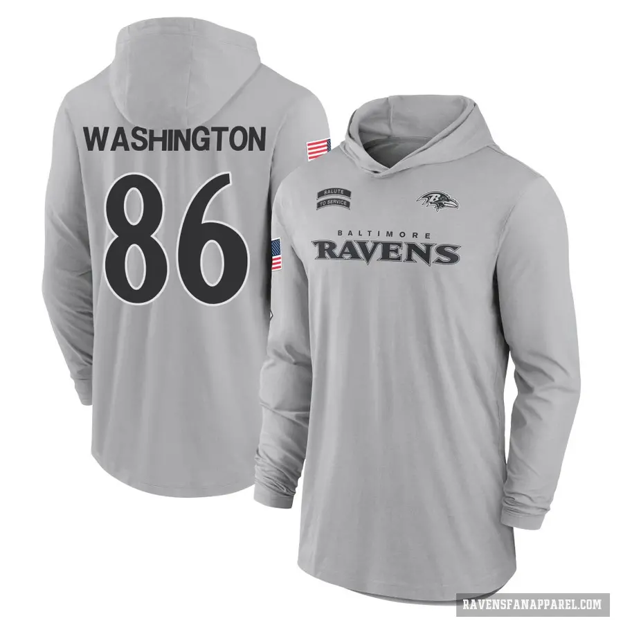 Men's ＃86 Isaiah Washington Baltimore Ravens Gray 2024 Salute to Service Lightweight Performance Long Sleeve Hooded T-Shirt