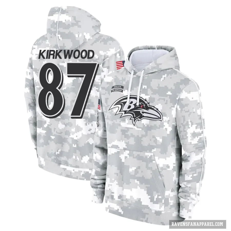 Men's ＃87 Keith Kirkwood Baltimore Ravens Arctic Camo 2024 Salute to Service Club Fleece Pullover Hoodie