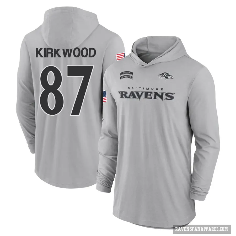 Men's ＃87 Keith Kirkwood Baltimore Ravens Gray 2024 Salute to Service Lightweight Performance Long Sleeve Hooded T-Shirt