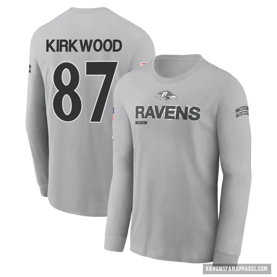 Men's ＃87 Keith Kirkwood Baltimore Ravens Gray 2024 Salute to Service Long Sleeve T-Shirt