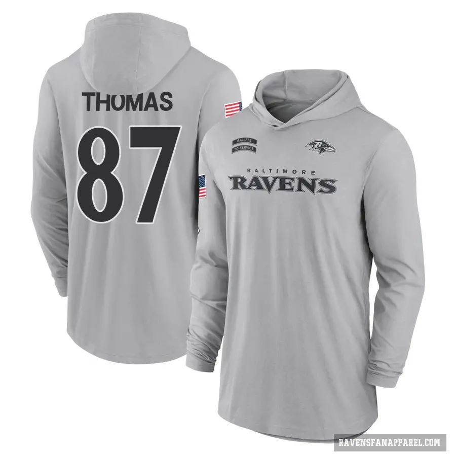 Men's ＃87 Mike Thomas Baltimore Ravens Gray 2024 Salute to Service Lightweight Performance Long Sleeve Hooded T-Shirt