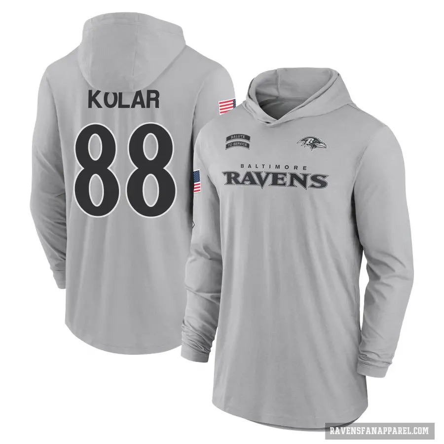 Men's ＃88 Charlie Kolar Baltimore Ravens Gray 2024 Salute to Service Lightweight Performance Long Sleeve Hooded T-Shirt