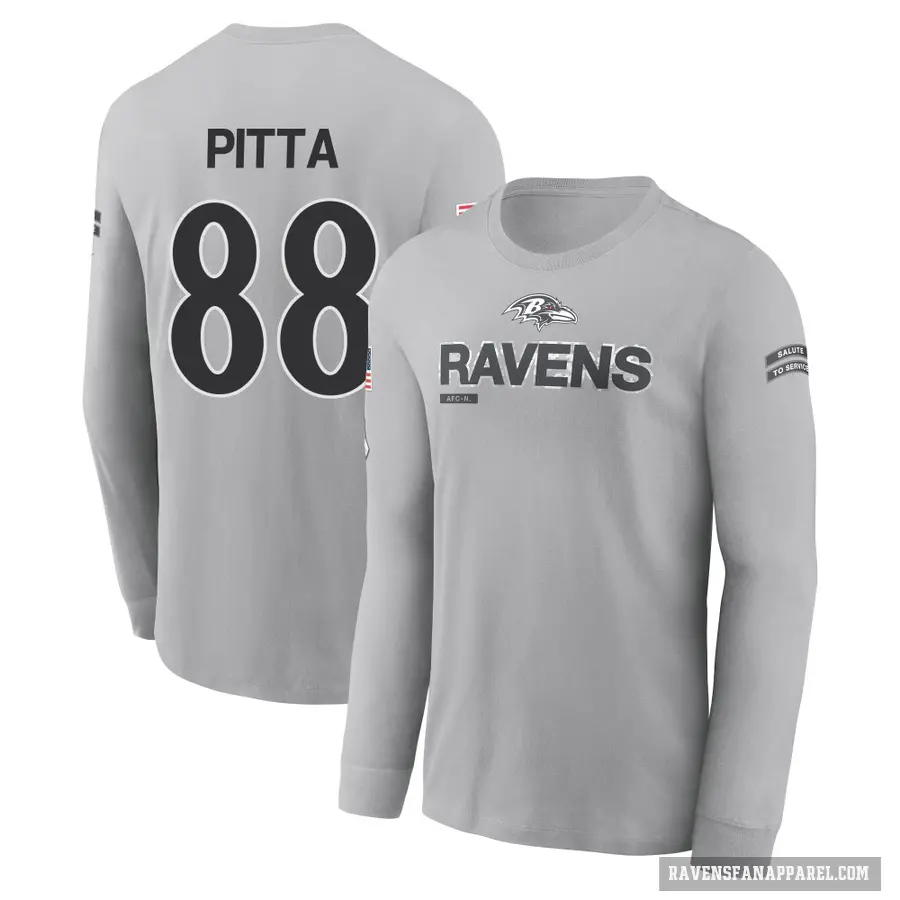 Men's ＃88 Dennis Pitta Baltimore Ravens Gray 2024 Salute to Service Long Sleeve T-Shirt