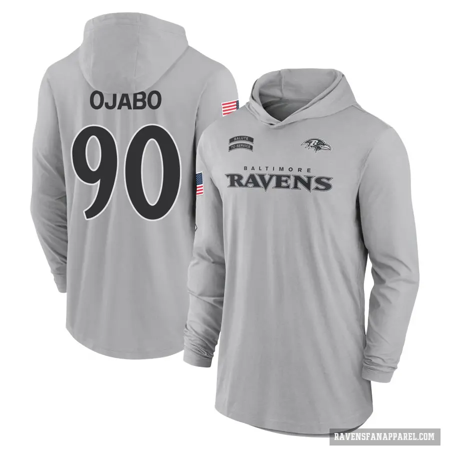 Men's ＃90 David Ojabo Baltimore Ravens Gray 2024 Salute to Service Lightweight Performance Long Sleeve Hooded T-Shirt