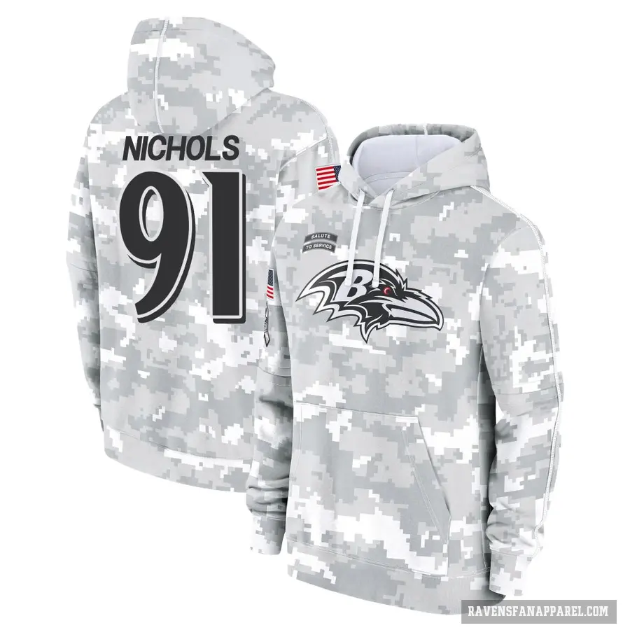 Men's ＃91 Rayshad Nichols Baltimore Ravens Arctic Camo 2024 Salute to Service Club Fleece Pullover Hoodie