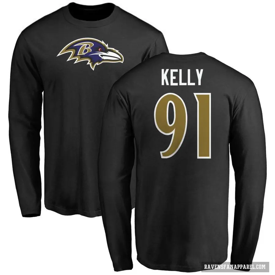 Men's ＃91 Xavier Kelly Baltimore Ravens Black Logo Long Sleeve T-Shirt