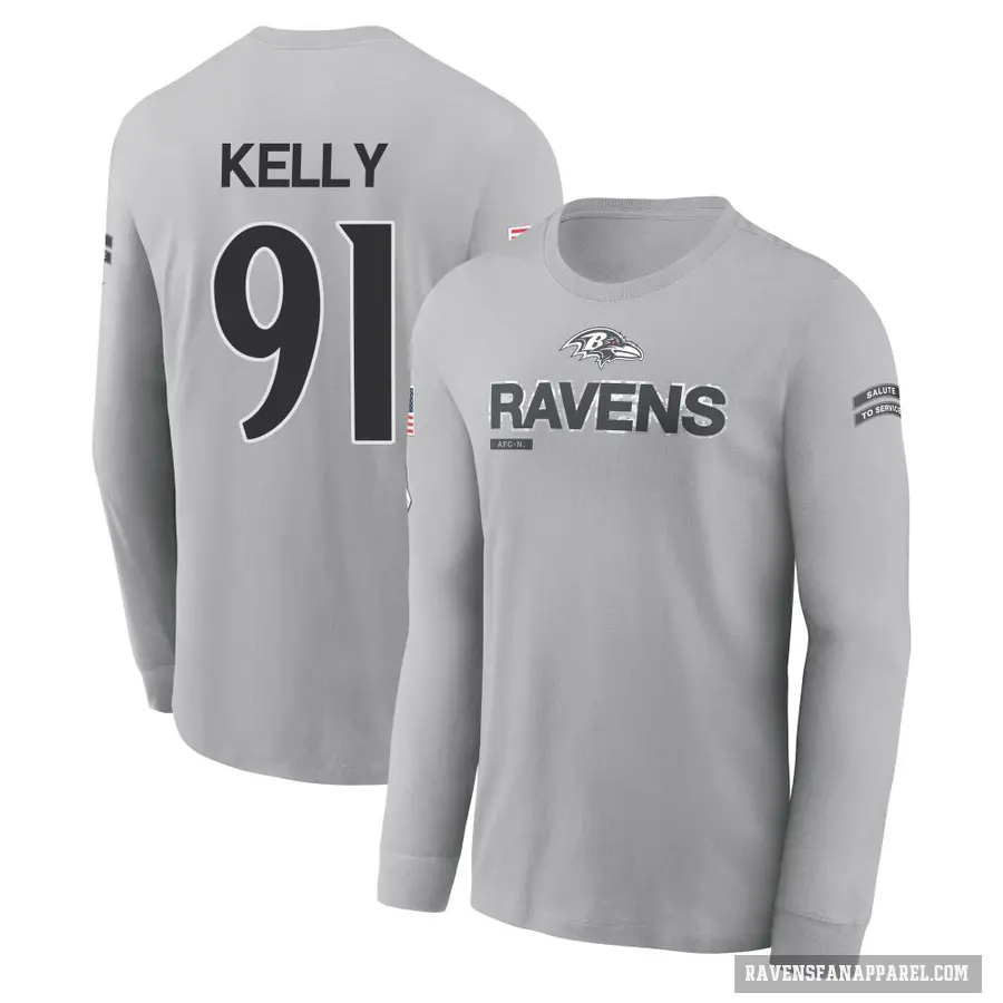 Men's ＃91 Xavier Kelly Baltimore Ravens Gray 2024 Salute to Service Long Sleeve T-Shirt