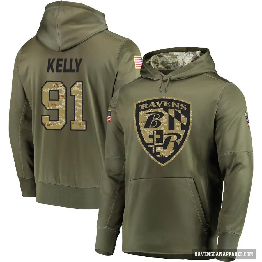 Men's ＃91 Xavier Kelly Baltimore Ravens Olive Salute to Service Pullover Hoodie