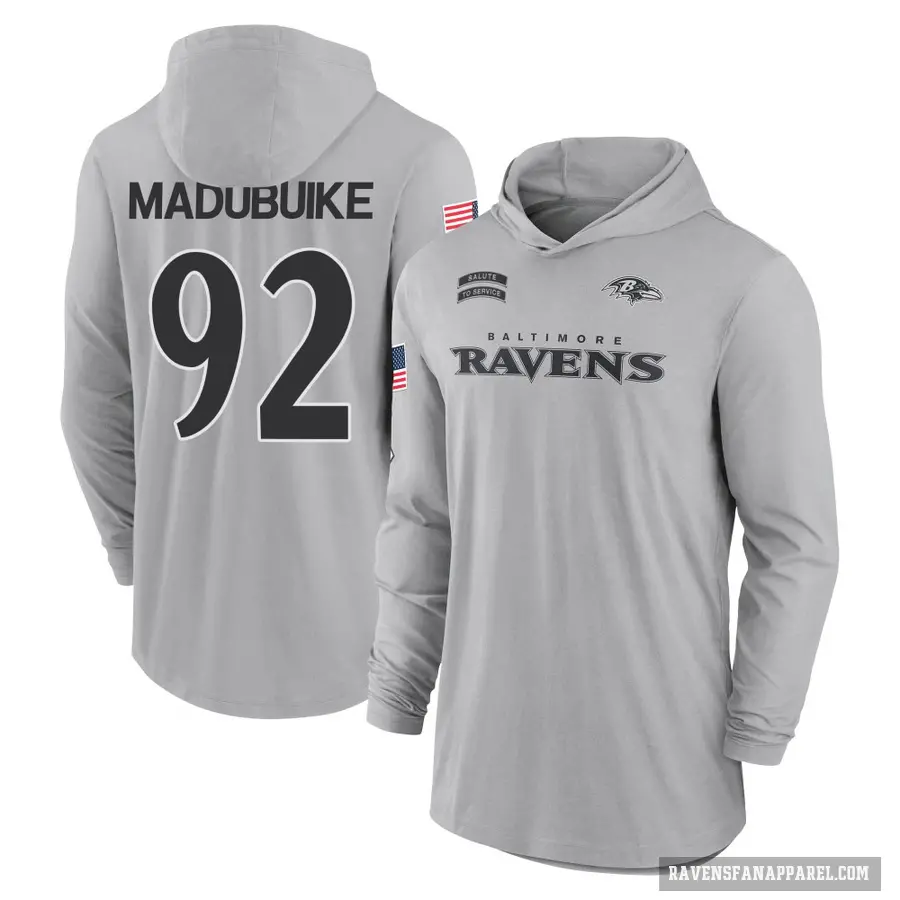 Men's ＃92 Nnamdi Madubuike Baltimore Ravens Gray 2024 Salute to Service Lightweight Performance Long Sleeve Hooded T-Shirt