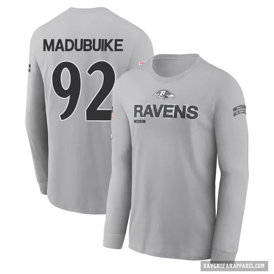 Men's ＃92 Nnamdi Madubuike Baltimore Ravens Gray 2024 Salute to Service Long Sleeve T-Shirt