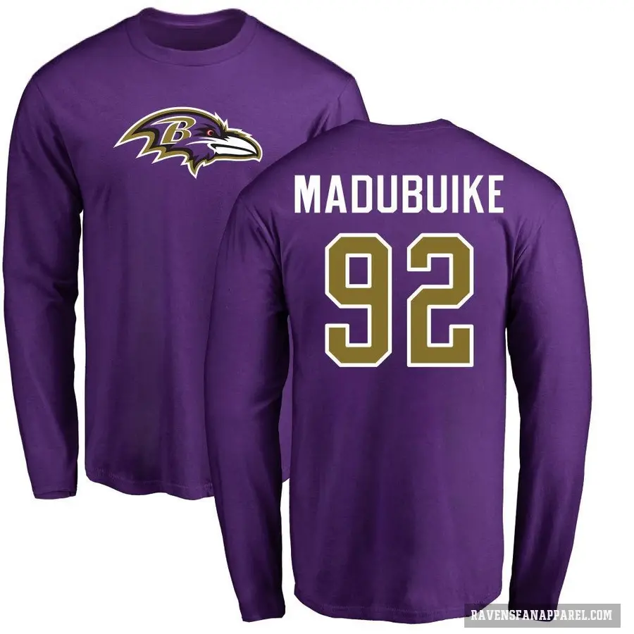 Men's ＃92 Nnamdi Madubuike Baltimore Ravens Purple Logo Long Sleeve T-Shirt