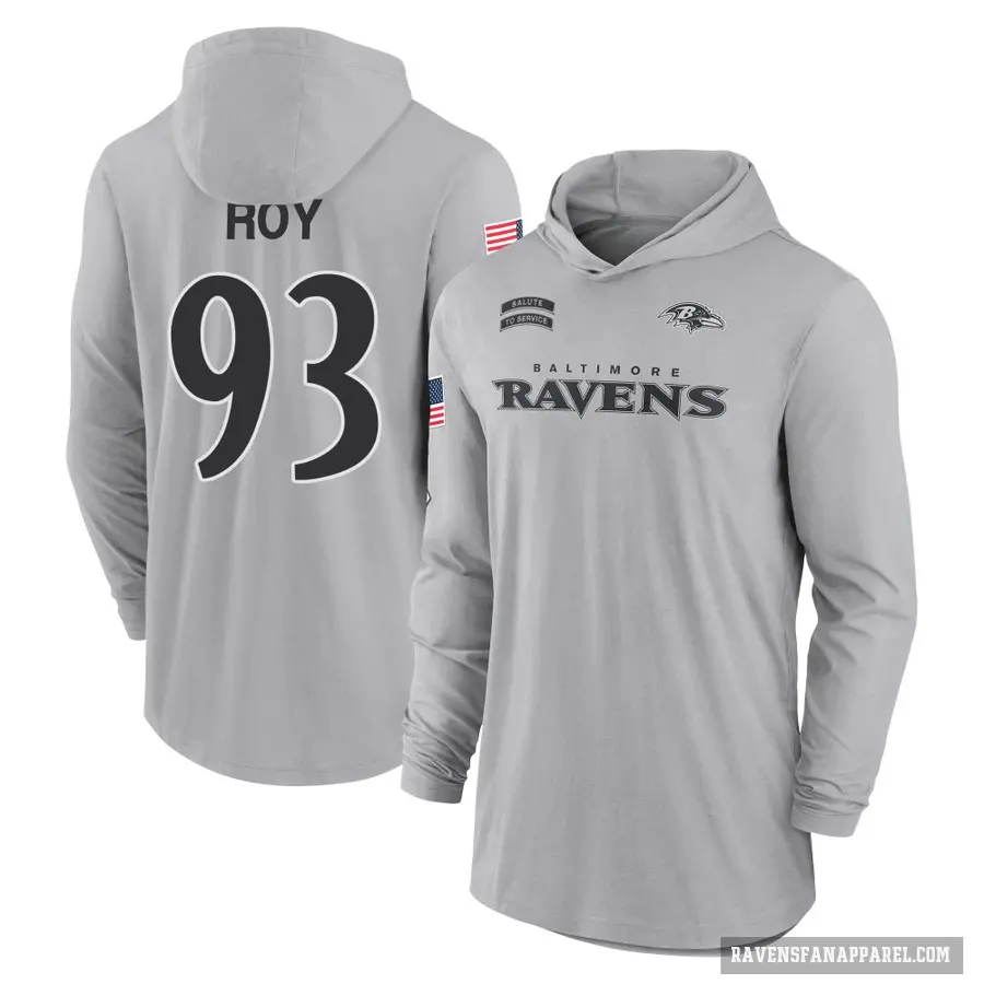 Men's ＃93 Bravvion Roy Baltimore Ravens Gray 2024 Salute to Service Lightweight Performance Long Sleeve Hooded T-Shirt