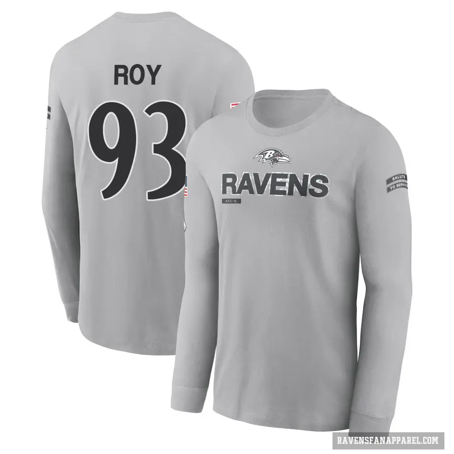 Men's ＃93 Bravvion Roy Baltimore Ravens Gray 2024 Salute to Service Long Sleeve T-Shirt