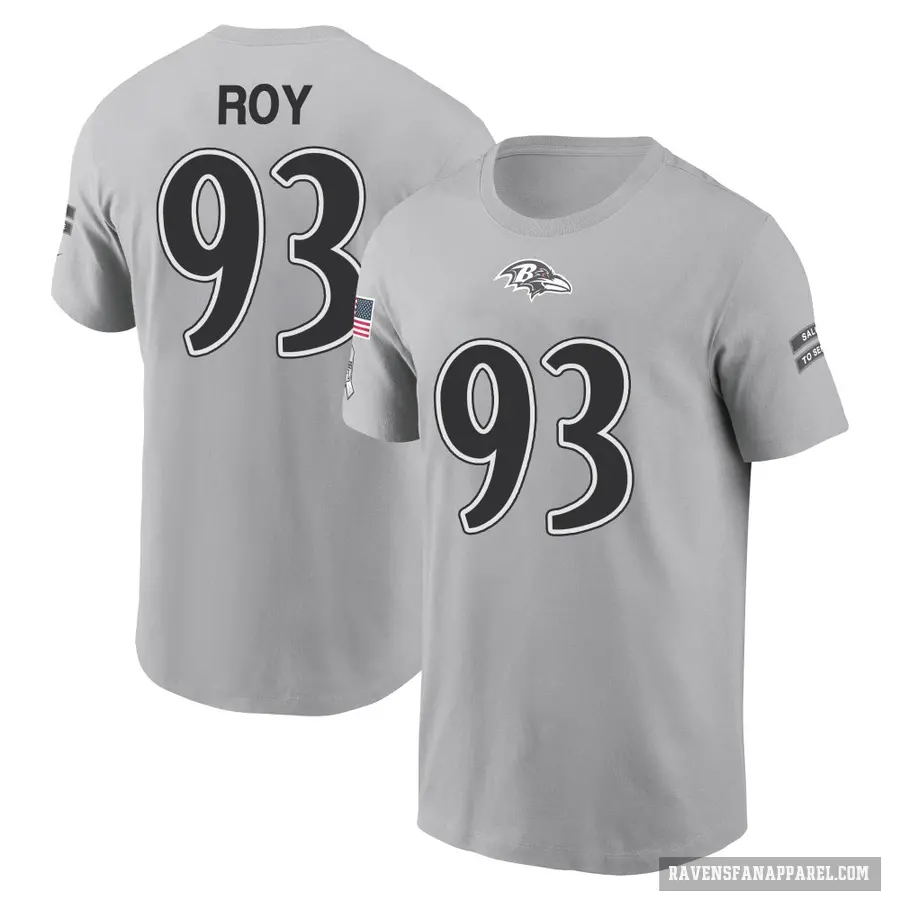 Men's ＃93 Bravvion Roy Baltimore Ravens Gray 2024 Salute to Service T-Shirt