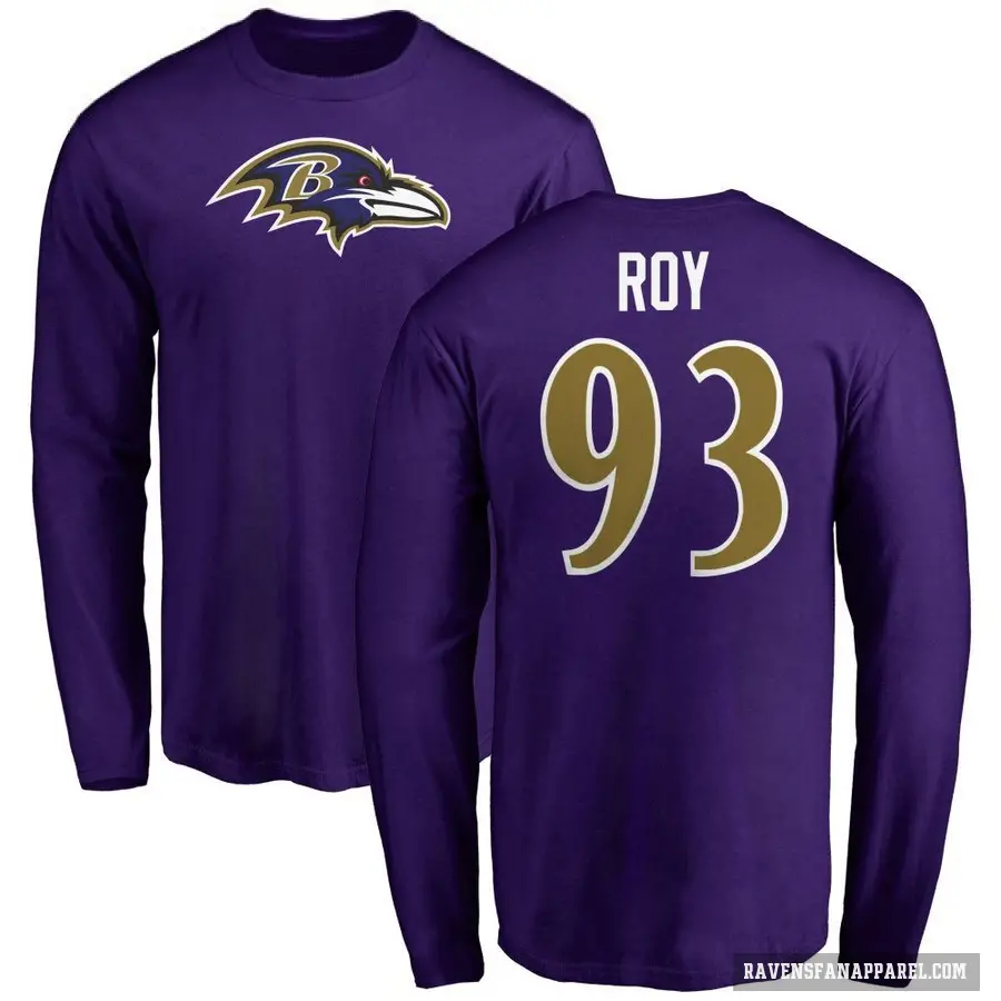 Men's ＃93 Bravvion Roy Baltimore Ravens Purple Logo Long Sleeve T-Shirt