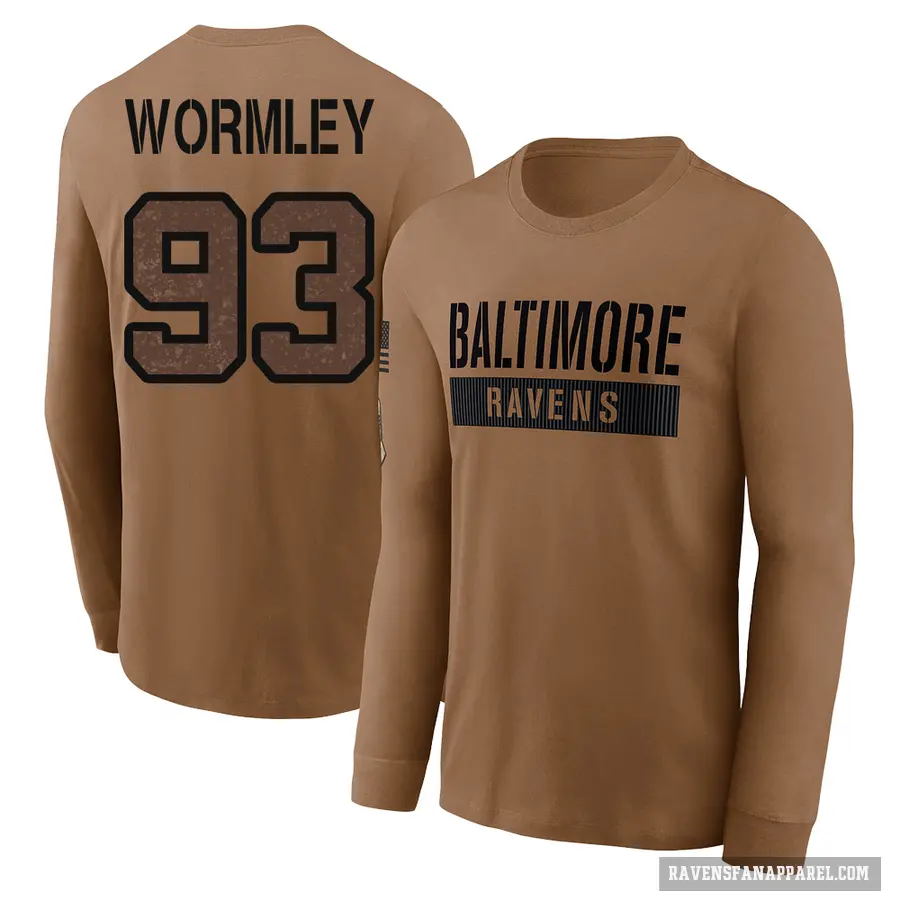 Men's ＃93 Chris Wormley Baltimore Ravens Brown / 2023 Salute To Service Long Sleeve T-Shirt