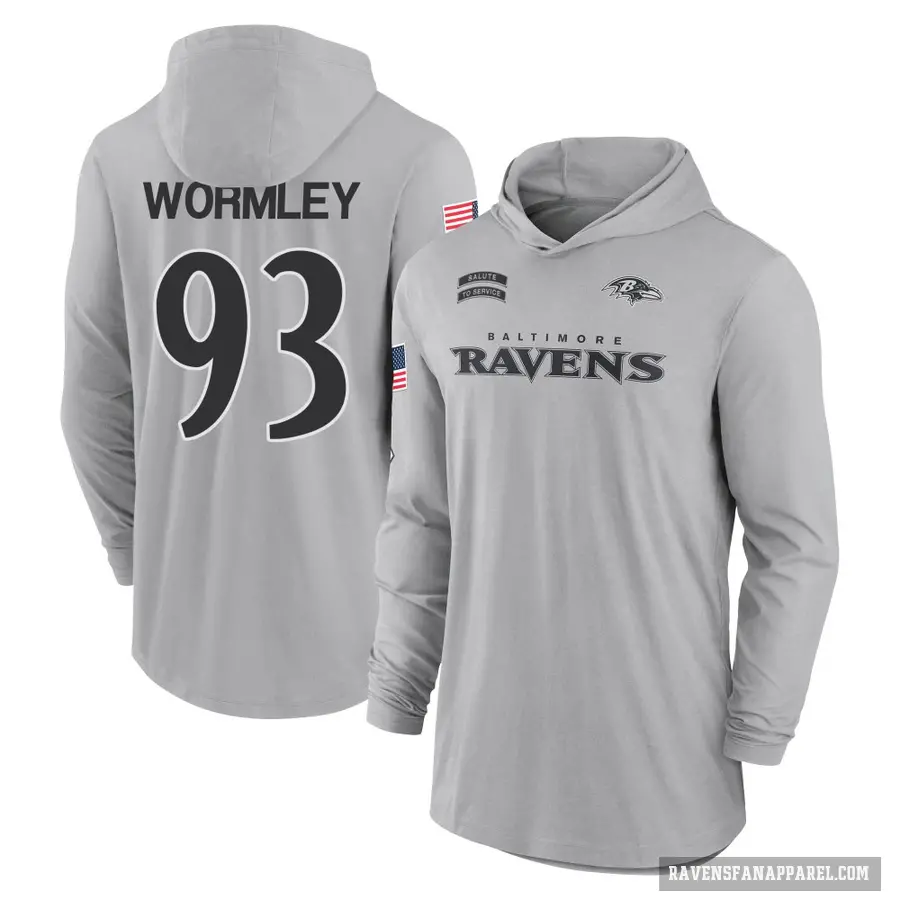 Men's ＃93 Chris Wormley Baltimore Ravens Gray 2024 Salute to Service Lightweight Performance Long Sleeve Hooded T-Shirt