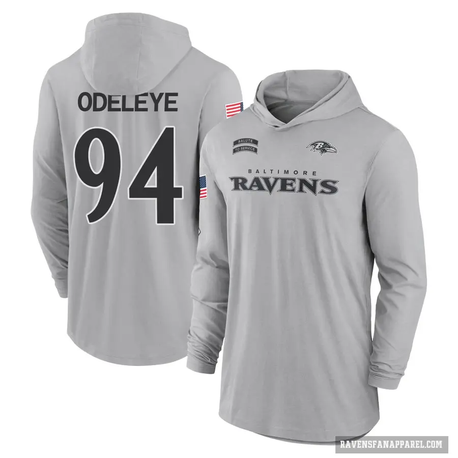 Men's ＃94 Adedayo Odeleye Baltimore Ravens Gray 2024 Salute to Service Lightweight Performance Long Sleeve Hooded T-Shirt