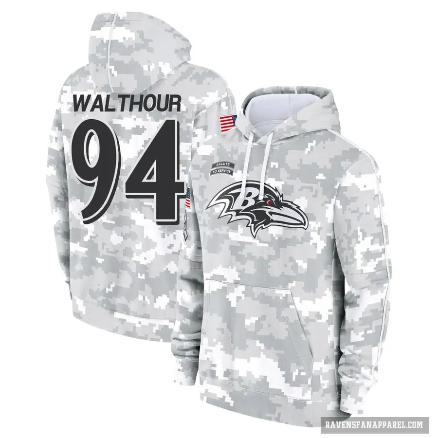 Men's ＃94 Tramel Walthour Baltimore Ravens Arctic Camo 2024 Salute to Service Club Fleece Pullover Hoodie