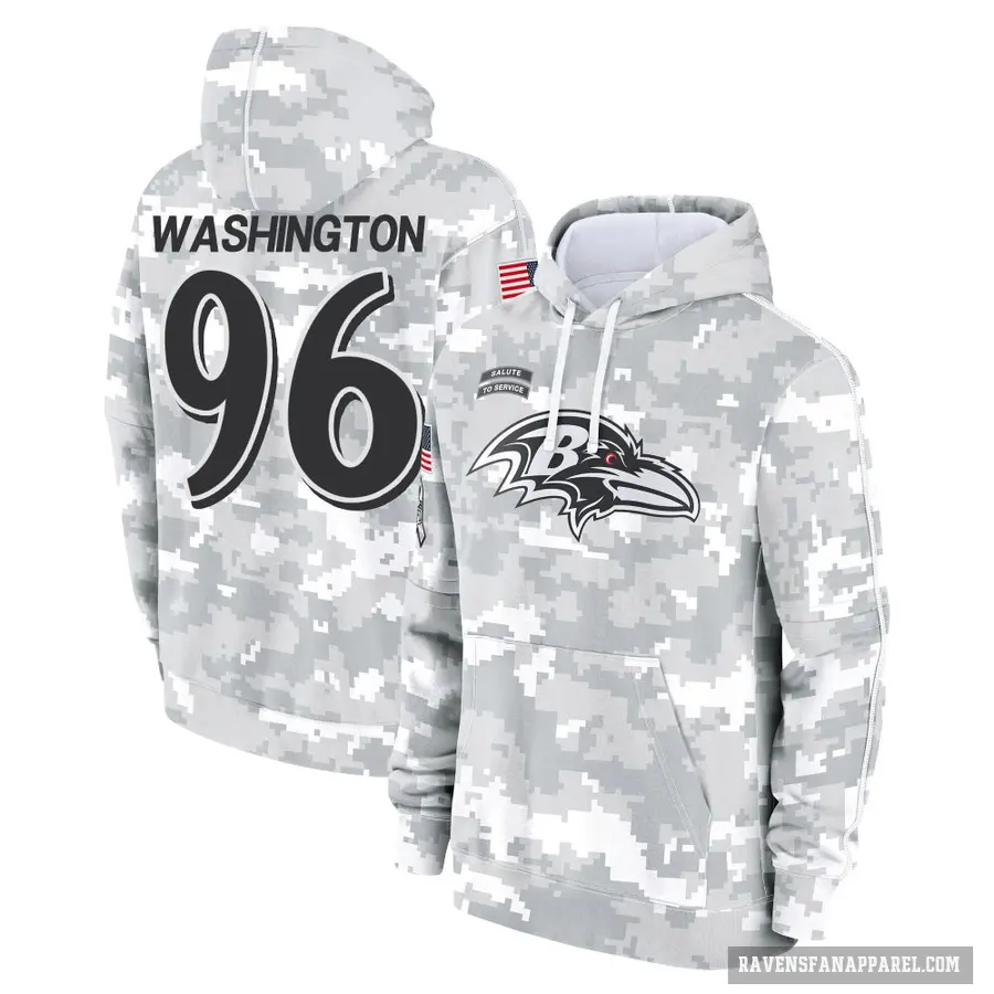 Men's ＃96 Broderick Washington Baltimore Ravens Arctic Camo 2024 Salute to Service Club Fleece Pullover Hoodie