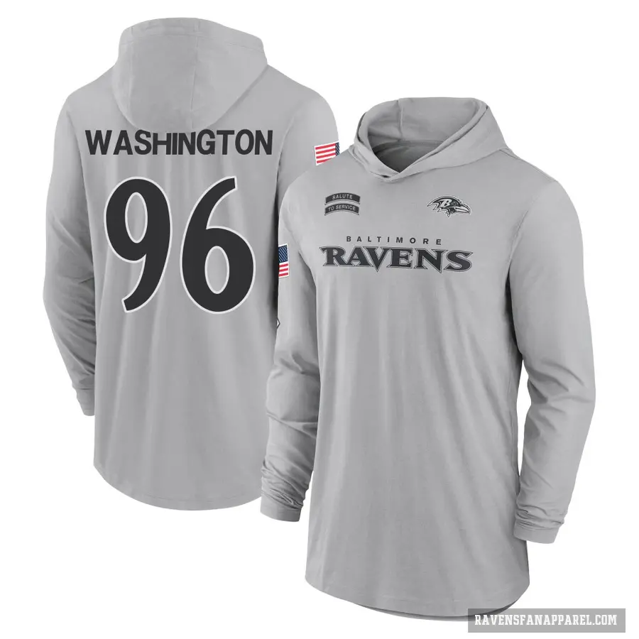 Men's ＃96 Broderick Washington Baltimore Ravens Gray 2024 Salute to Service Lightweight Performance Long Sleeve Hooded T-Shirt