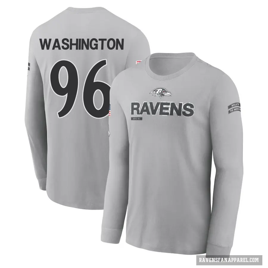 Men's ＃96 Broderick Washington Baltimore Ravens Gray 2024 Salute to Service Long Sleeve T-Shirt