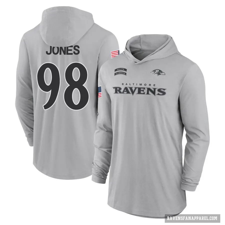 Men's ＃98 Travis Jones Baltimore Ravens Gray 2024 Salute to Service Lightweight Performance Long Sleeve Hooded T-Shirt