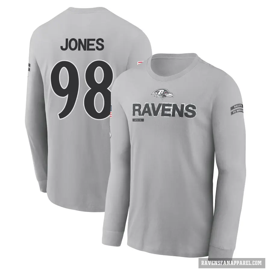 Men's ＃98 Travis Jones Baltimore Ravens Gray 2024 Salute to Service Long Sleeve T-Shirt