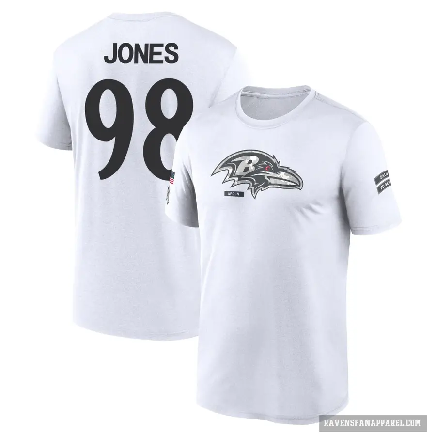 Men's ＃98 Travis Jones Baltimore Ravens White 2024 Salute to Service Performance T-Shirt