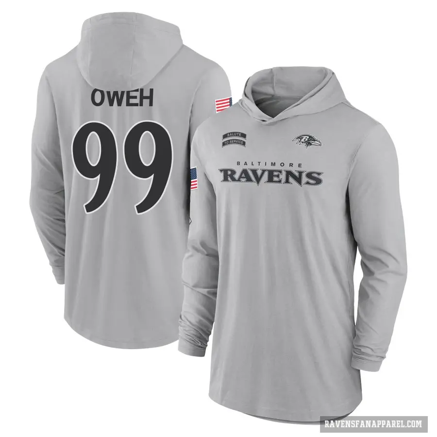 Men's ＃99 Odafe Oweh Baltimore Ravens Gray 2024 Salute to Service Lightweight Performance Long Sleeve Hooded T-Shirt