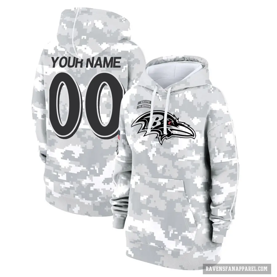 Women's ＃00 Custom Baltimore Ravens Arctic Camo 2024 Salute to Service Club Fleece Pullover Hoodie