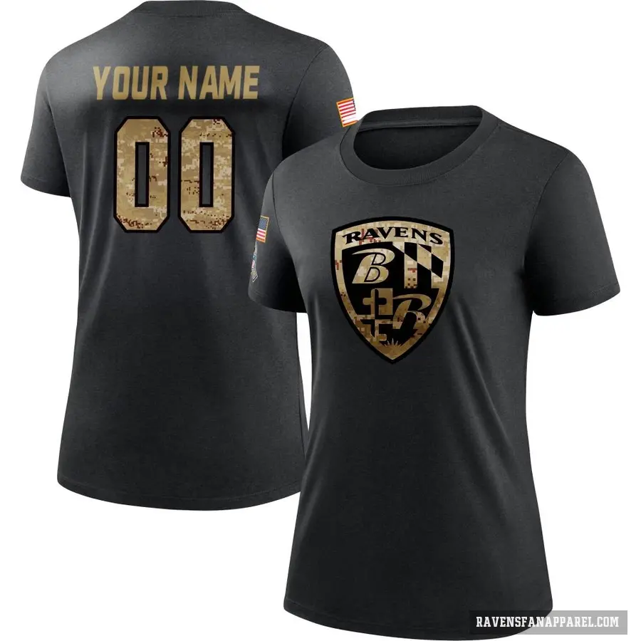 Women's ＃00 Custom Baltimore Ravens Black 2020 Salute To Service Performance T-Shirt