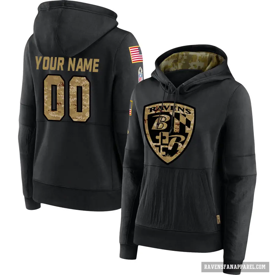 Women's ＃00 Custom Baltimore Ravens Black 2020 Salute to Service Sideline Performance Pullover Hoodie