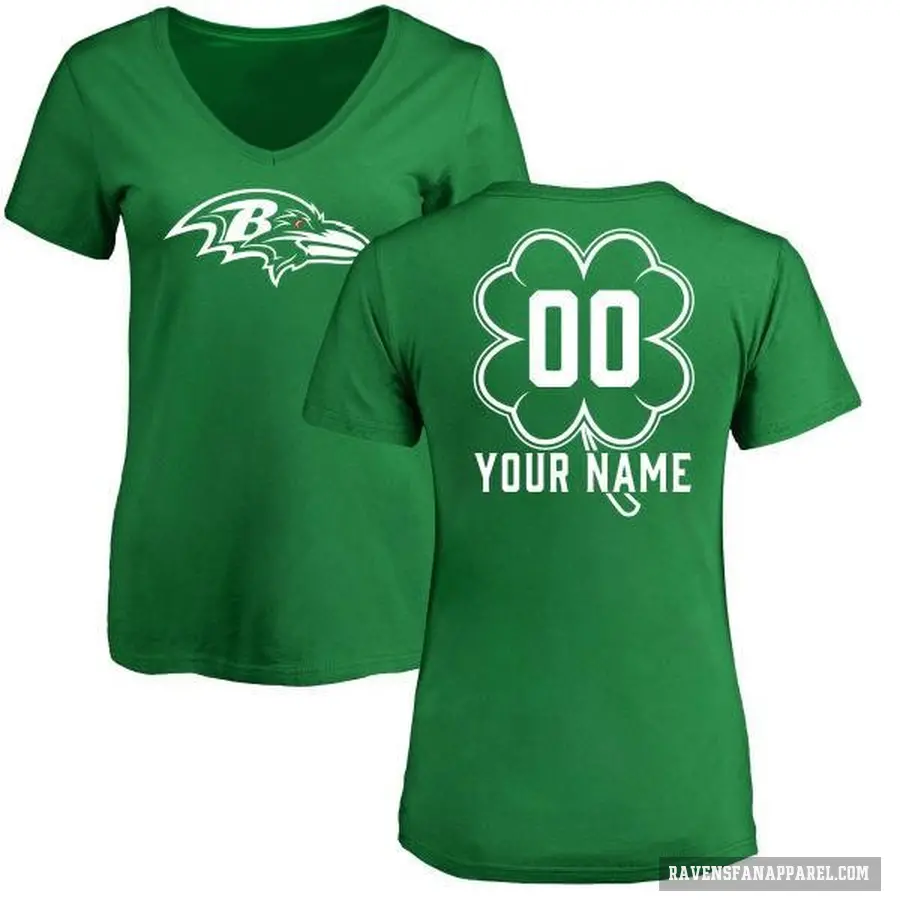 Women's ＃00 Custom Baltimore Ravens Green St. Patrick's Day V-Neck T-Shirt