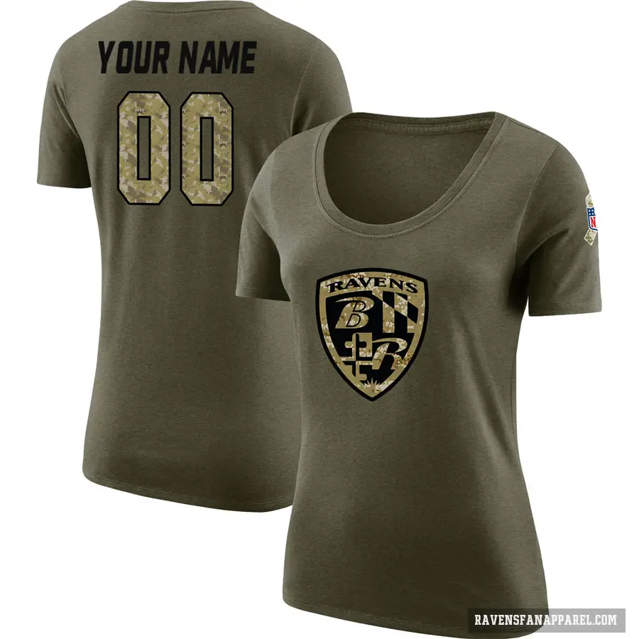 Women's ＃00 Custom Baltimore Ravens Olive Salute to Service Scoop Neck T-Shirt