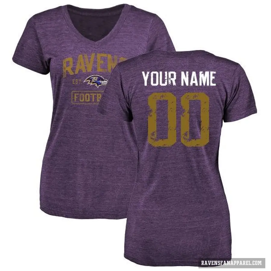 Women's ＃00 Custom Baltimore Ravens Purple Distressed V-Neck T-Shirt