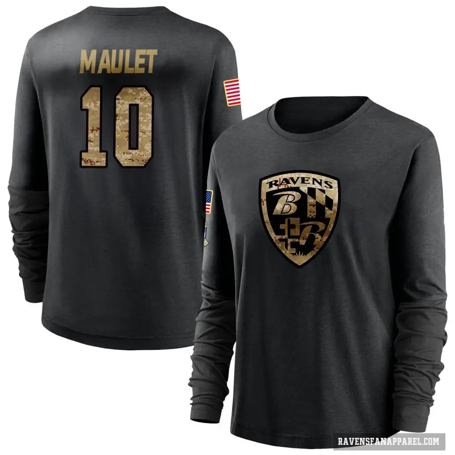 Women's ＃10 Arthur Maulet Baltimore Ravens Black 2020 Salute To Service Sideline Performance Long Sleeve T-Shirt