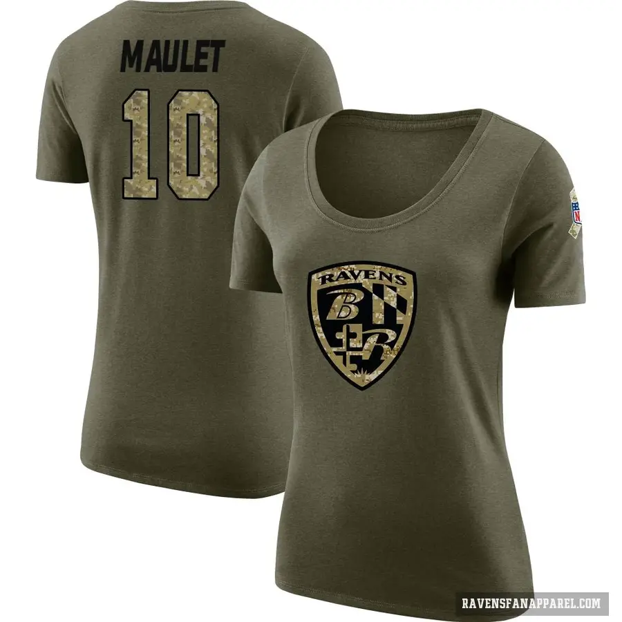 Women's ＃10 Arthur Maulet Baltimore Ravens Olive Salute to Service Scoop Neck T-Shirt