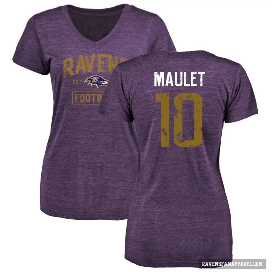 Women's ＃10 Arthur Maulet Baltimore Ravens Purple Distressed V-Neck T-Shirt