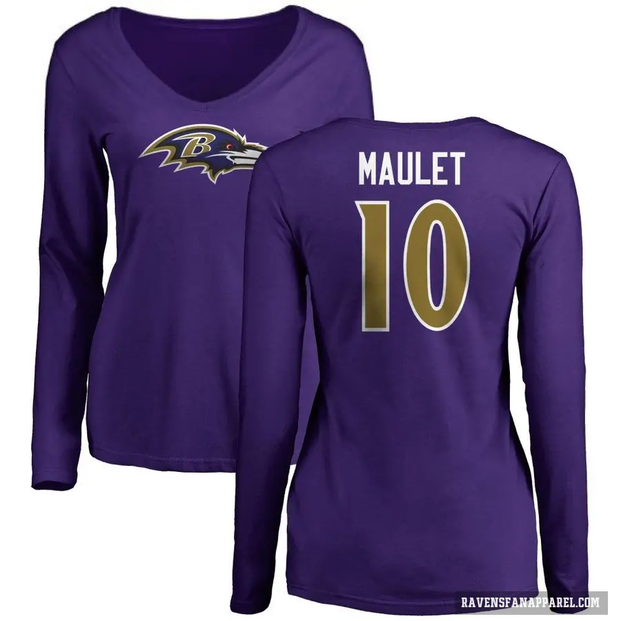 Women's ＃10 Arthur Maulet Baltimore Ravens Purple Logo Long Sleeve T-Shirt