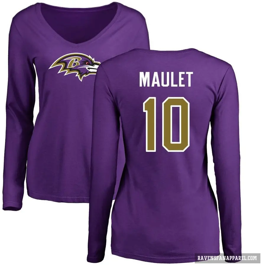 Women's ＃10 Arthur Maulet Baltimore Ravens Purple Logo Slim Fit Long Sleeve T-Shirt