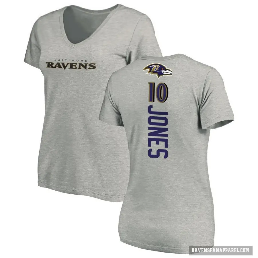 Women's ＃10 Emory Jones Baltimore Ravens Ash Backer V-Neck T-Shirt