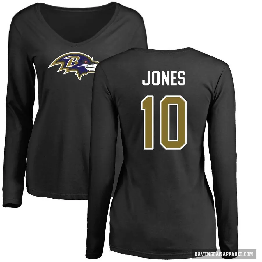 Women's ＃10 Emory Jones Baltimore Ravens Black Logo Slim Fit Long Sleeve T-Shirt